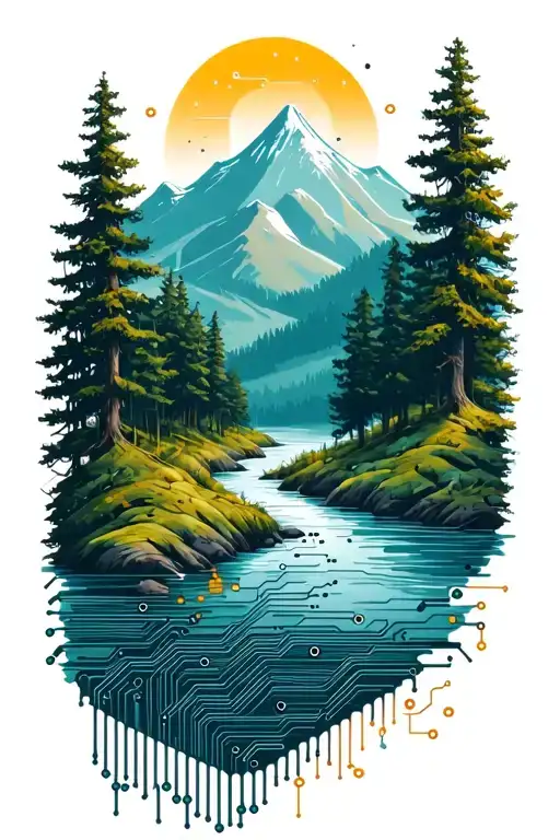 Microchip Circuit Infused With Forest With River Flowing And Mountain In Background