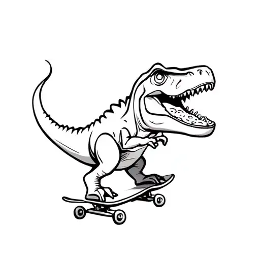 Cartoon T-rex On A Skateboard Eating Pepperoni Pizza