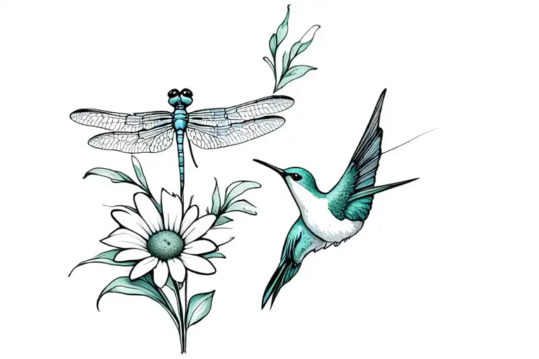Dragonfly And Humming Bird With Daisy Lily Tattoo idea