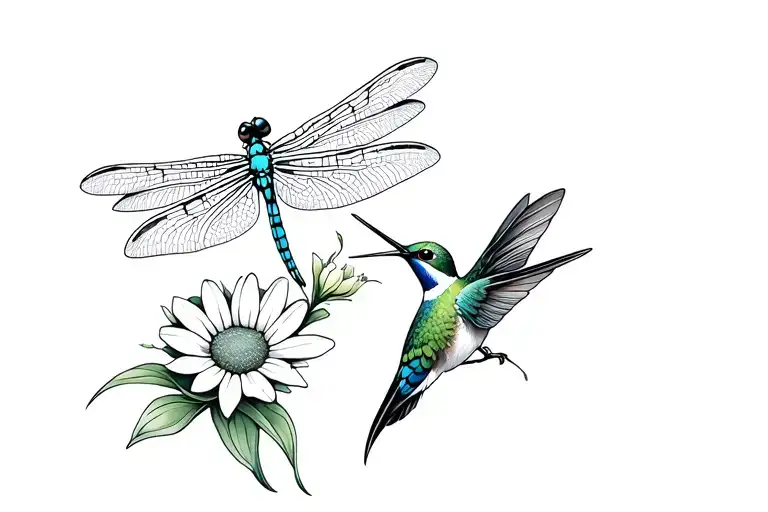 Dragonfly And Humming Bird With Daisy Lily Lindsey Tattoo idea