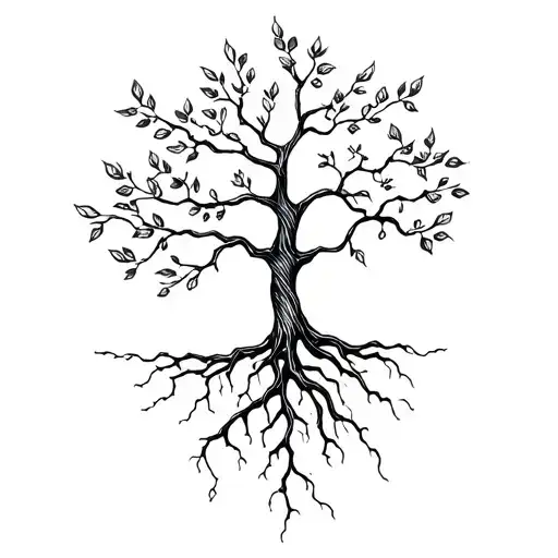 Tree With Leaves And Roots And The Leaves At The Top Should Be Scattered On One Side