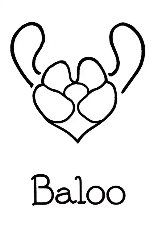 The Name Baloo Fine Line Tattoo That Goes Into A Dog Paw And Heart