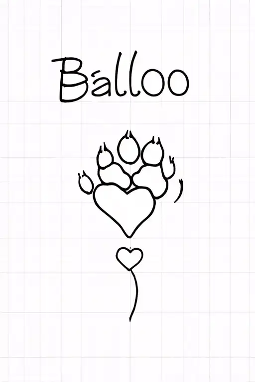 The Name Baloo Fine Line Tattoo That Goes Into A Dog Paw And Heart In A Thin Line
