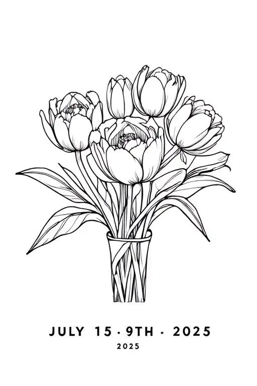 Black And White Tulips And Peonies Bouquet With The Date July 15Th 2025 Underneath It