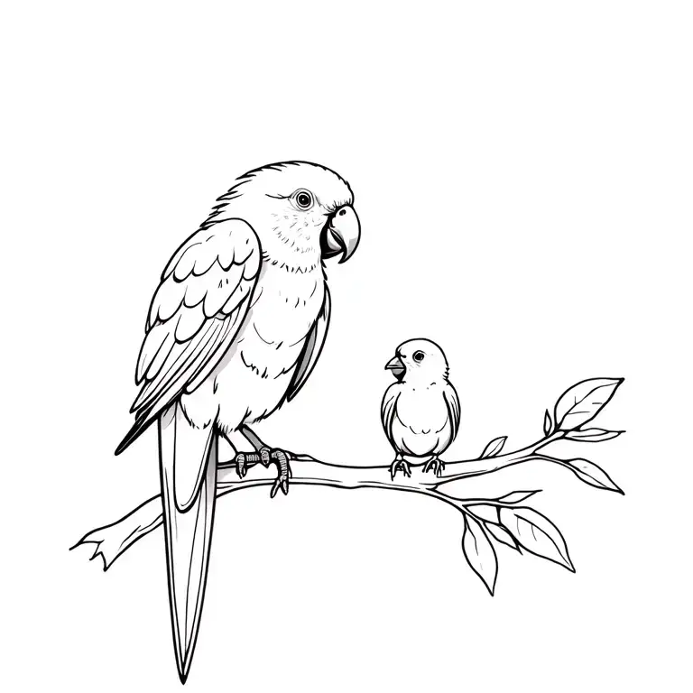 Mother Parrot With Chick Fine Line On Branch