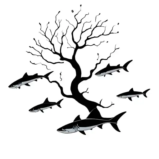 Simplistic Poison Tree With Simplistic Minimalistic Sharks Swimming Around It
