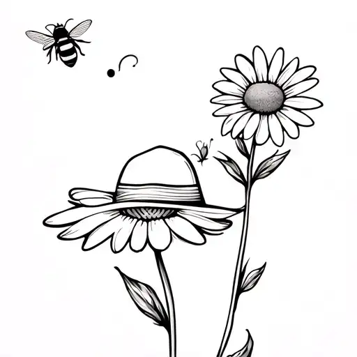 Daisy Flower With A Bee Flying Away And A Small Summer Hat