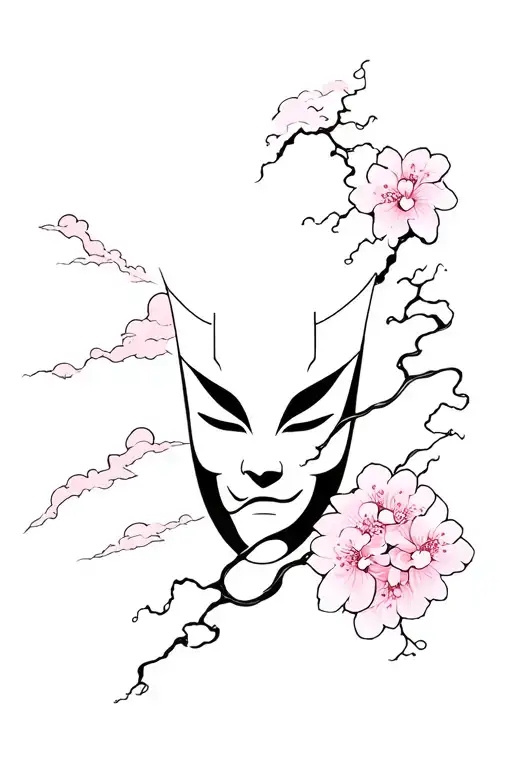 Kabuki Mask With Cherry Blossom And Thunder Clouds