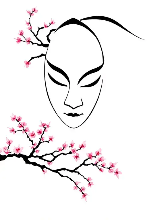 Kabuki Mask With Cherry Blossom Tree