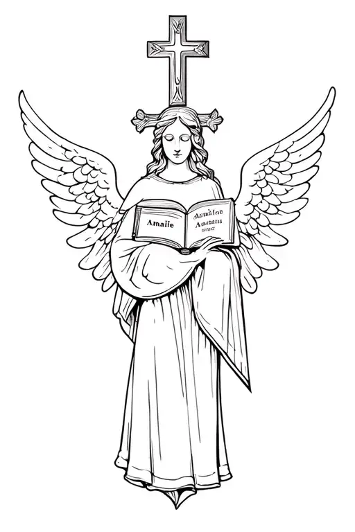 Angel Holding Book With The Name Amalie In It And A Holy Cross