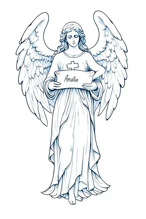 Angel Holding Scroll With The Name Amalie In It Mixed With Holy Cross Tattoo idea