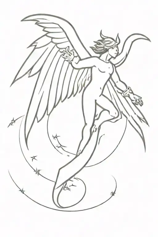 An Archangel Fangs Grabbing A Devil By His Wrists Flying Through Space Lighting Fire Clouds Rain