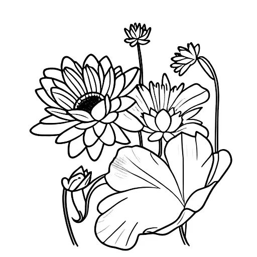 Water Lilly And Daisy And 2 Morning Glory Flowed In A Bunch With Some Small Leafy Plants