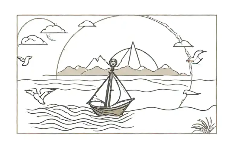 Anchor In Rough Sea With Sunset And Geese In The Sky