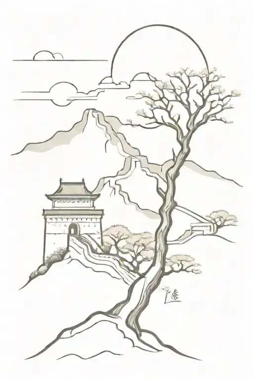 Asian Tree And Great Wall Of China In Line Sketch Style