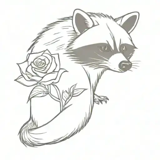 Raccoon On 4 With Side Profile Holding A Rose And Looking To The Left Sketch Draw