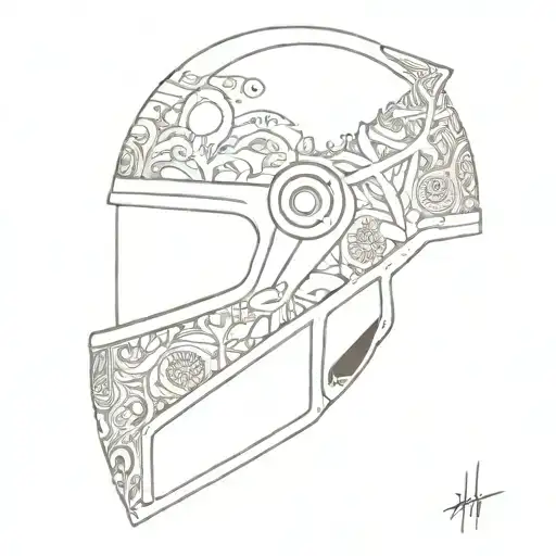A Minimalist Tattoo Of A Motorcycle Helmet Adorned With Intricate Nature Patterns