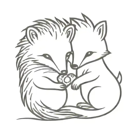 A Minimalist Tattoo Design Of A Hedgehog And A Fox Intertwined To Symbolize Love