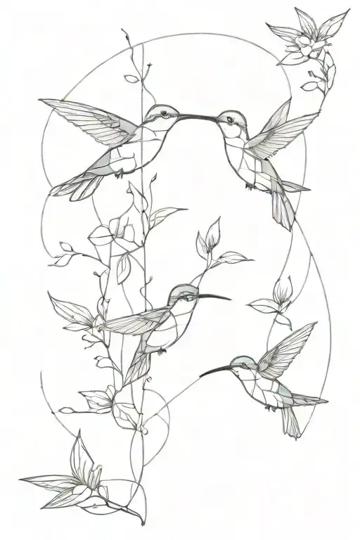 Geometric Design Incorporating Sage Or Honey Suckle Vine And Hummingbirds