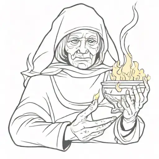 Hooded Old Woman Holding Fire In Cupped Hands