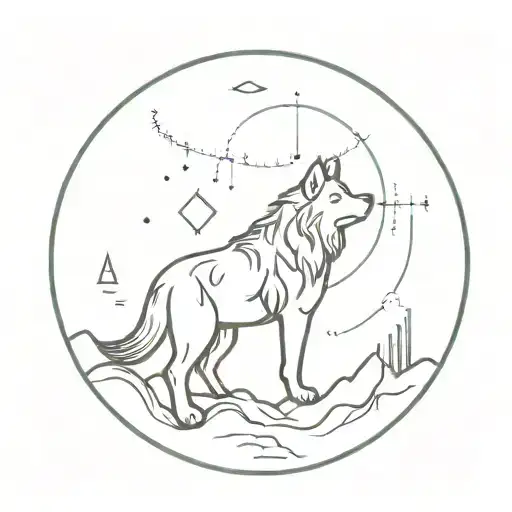 A Minimalist Tattoo Of A Wolf Howling At The Moon With Trading Charts In The Background