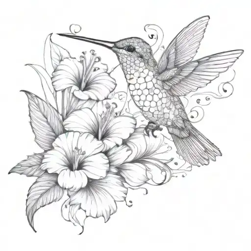 Stylistic Modern Hummingbird With Multiple Hibiscus