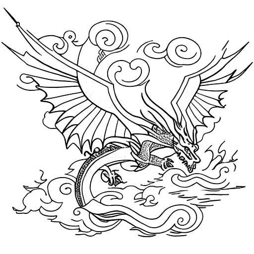 A Celtic Dragon Flying In A Storm Over The Sea