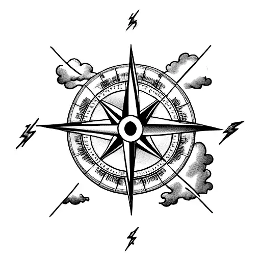 A Tattoo Of A Compass Surrounded By Storm Clouds And Lightning Bolts