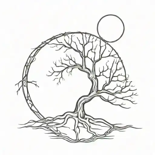 Dry Tree With Roots With A Circle Around It And A Moon