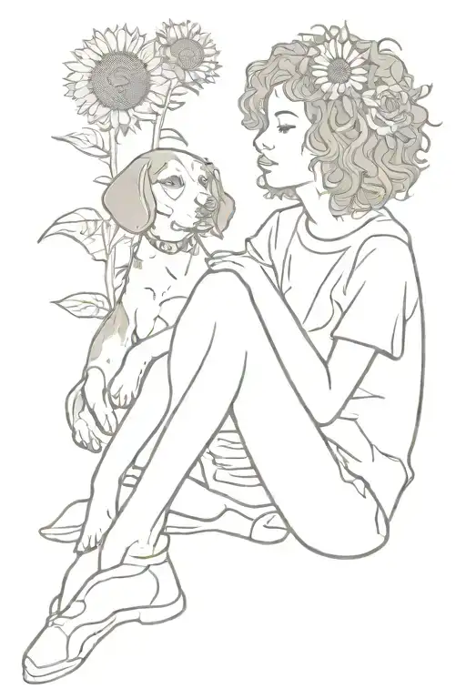 Beagle Sunflower Curly Hair Girl Sitting Together