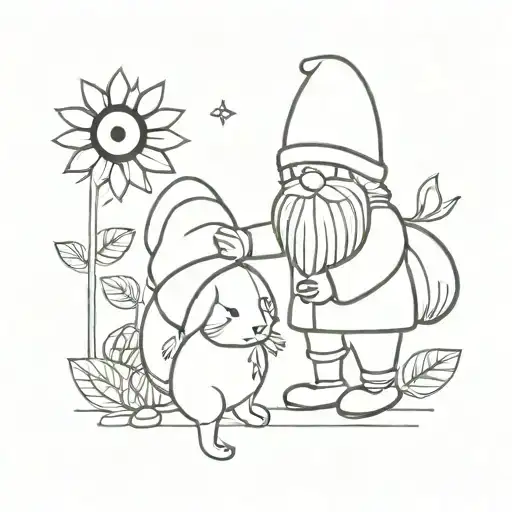 Autumn Gnome Holding Hands With Sunflower Girl With Dog Next To Them