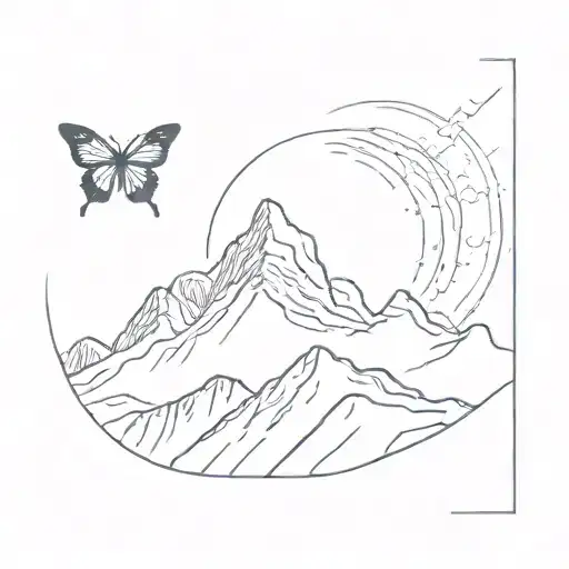 A Butterfly Flying Over A Mountain Peak With The Sun Shining Down On It