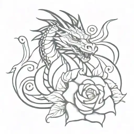 Black And White Dragon With Rose