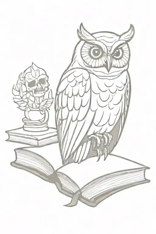 Owl Perched With A Skull And Book