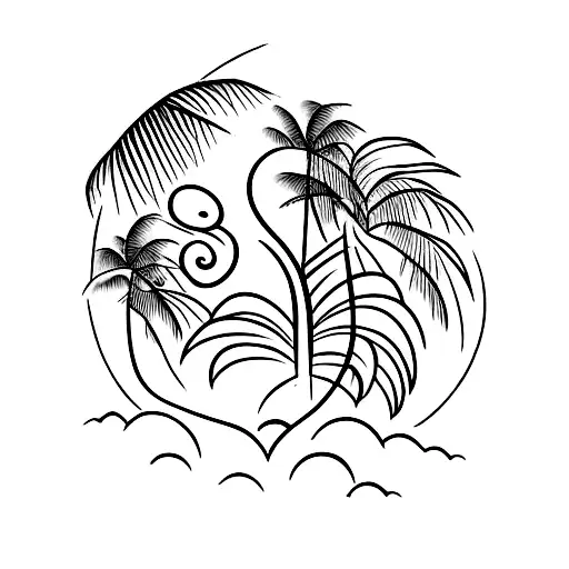 A Minimalist Tattoo Of A Tranquil Beach Scene With Palm Trees And Crashing Waves