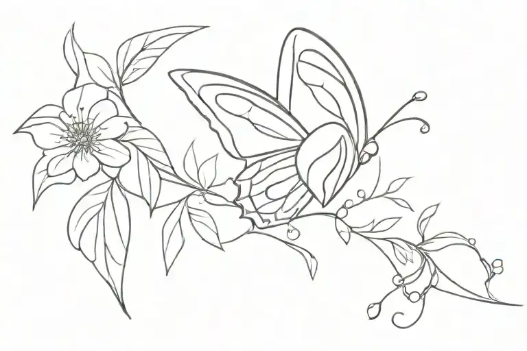 Line Art Butterfly With Leaves And Flowers
