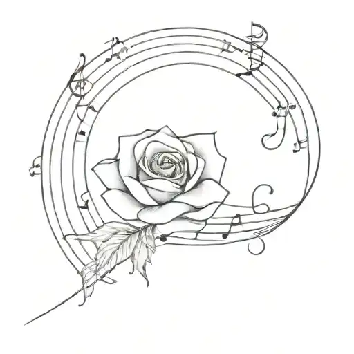 Rose In Front Of Moon And Surrounded By Musical Notes