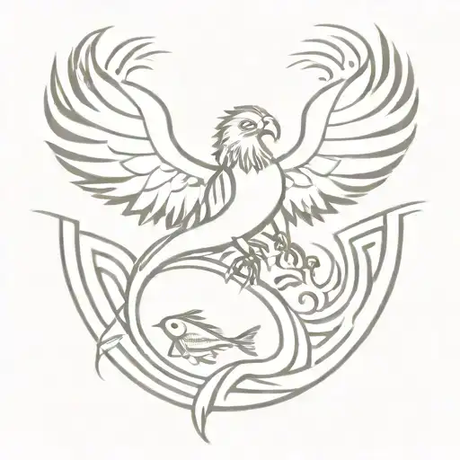 A Gryphon In The Cente Of A Labyrinth Protecting A Fish And Baby Lionfish