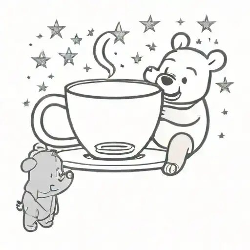 A Minimalist Tattoo Of Chip And Pooh Bear Sharing A Cup Of Coffee While Looking Out At The Stars