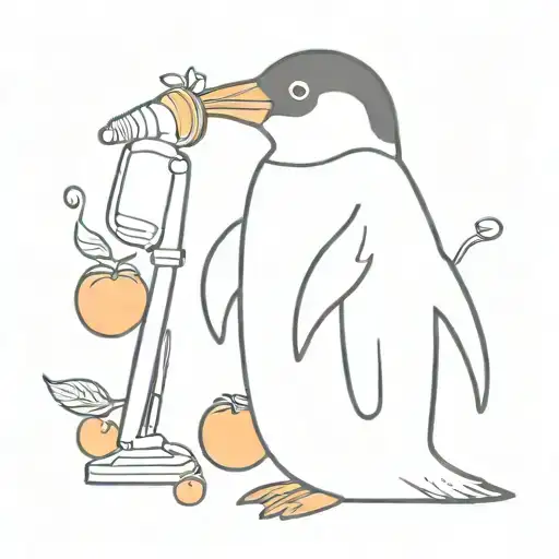 Cute Penguin Infront Of Standing White Mic With Cherries And Oranges