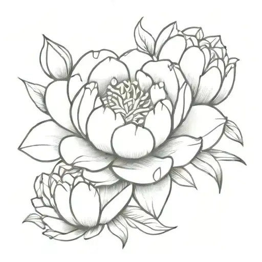 Peony And Water Lily Intertwined Small Line Art