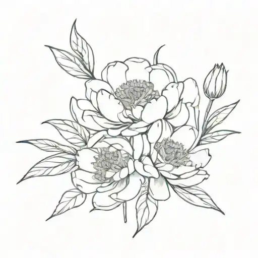 Peony And Water Lily Flowers Stems Intertwined Small Line Art