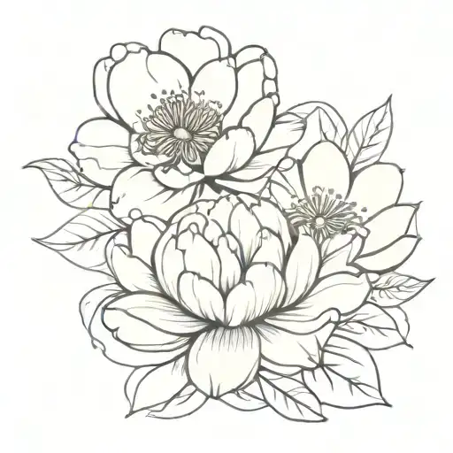 Peony And Water Lily Flowers Intertwined Small Line Art