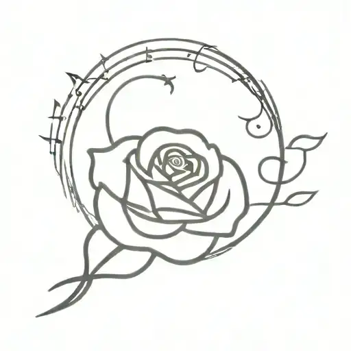 Rose In Front Of Full Moon And Surrounded By Musical Notes