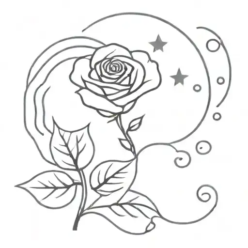 Rose With Black Stalk And Red Leaves Outline With Moon Behind It And Musical Notes