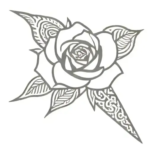 A Black-grey Design Of A Knife Piercing Through A Rose With Tribal Patterns In The Background