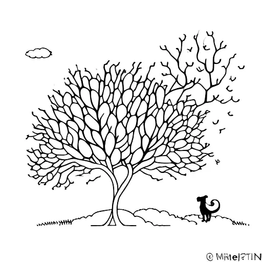 A Withering Tree That Blooms With A Dog Standing Next To It