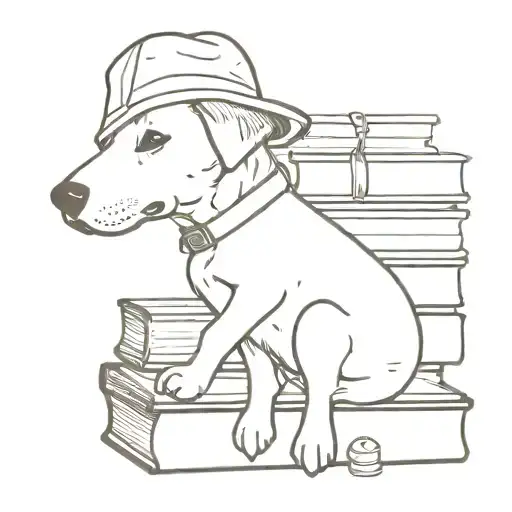 A Minimalist Tattoo Of A Dog With A Nurse's Hat Sitting On A Pile Of Books