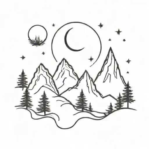 Three Mountains With Pine Trees A Moon And Stars
