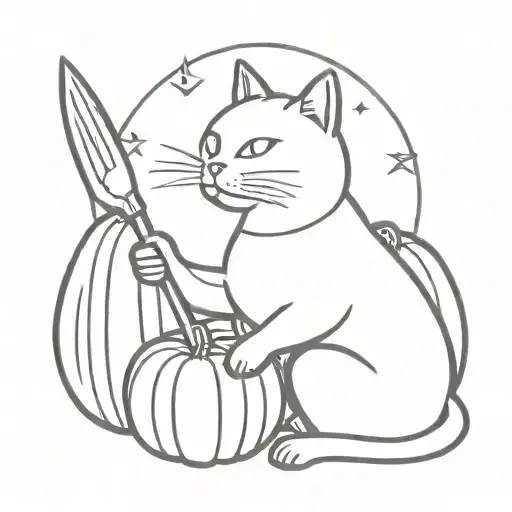 Cat Holding Knife With Pumpkins Around It And A Sun Above It